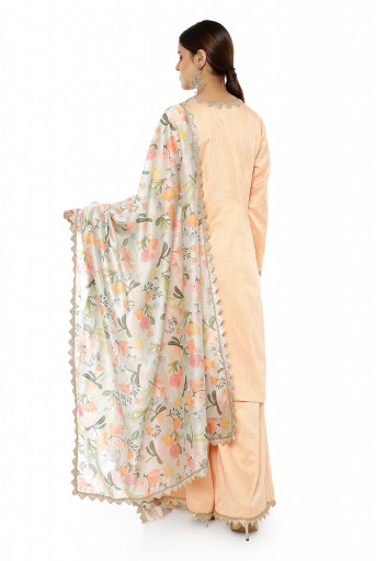PS-KP0048  Peach Colour Chanderi Stripe Kurta with Palazzo and Aqua Handpaint Printed Silkmul Dupatta with Matching Structured 3 Ply Mask