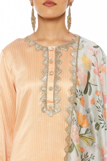 PS-KP0048  Peach Colour Chanderi Stripe Kurta with Palazzo and Aqua Handpaint Printed Silkmul Dupatta with Matching Structured 3 Ply Mask