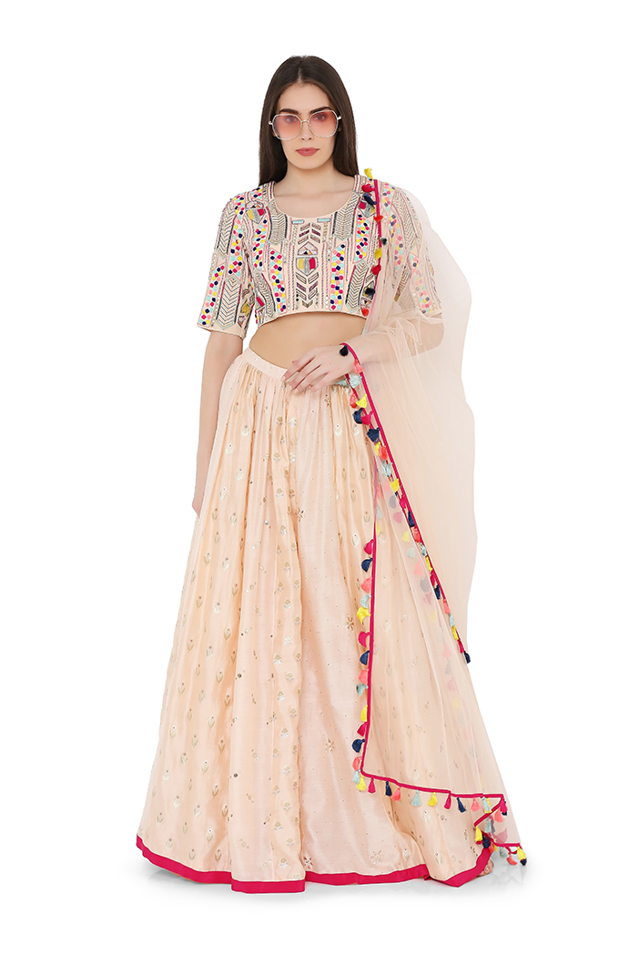 peach colour georgette choli with multi brocade and mukaish silkmul panelled lehnega with net dupatta a0
