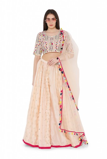 PS-LH0020-D  Peach Colour Georgette Choli with Multi Brocade and Mukaish Silkmul Panelled Lehnega with Net Dupatta