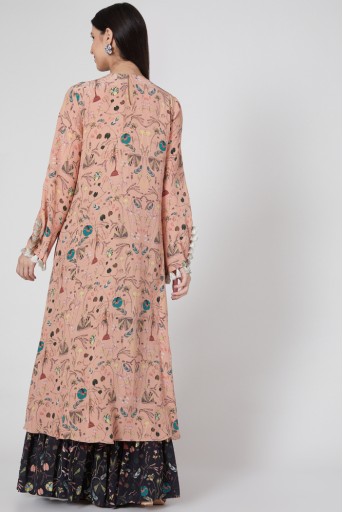PS-FW705-D  Peach Forest Print Crepe Embroidered High Low Kurta With Black Forest Print Flared Pants