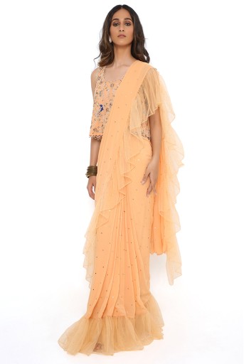 PS-SR0013-C  Peach Georgette Embroidered Choli With Dot Mukaish Georgette And Net Frill Saree
