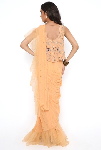 PS-SR0013-C  Peach Georgette Embroidered Choli With Dot Mukaish Georgette And Net Frill Saree