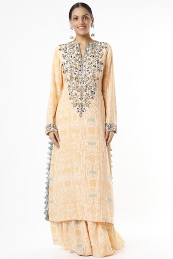 PS-KP0090-F  Peach PS Print Crepe Embroidered Backless Kurta With One Frill Sharara