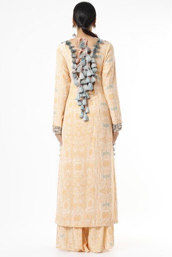 PS-KP0090-F  Peach PS Print Crepe Embroidered Backless Kurta With One Frill Sharara