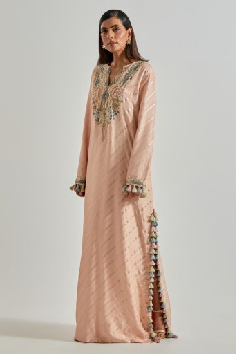 PS-KF0151-A  Peachy Pink Line Dola Silk Beyza Kaftan