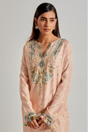 PS-KF0151-A  Peachy Pink Line Dola Silk Beyza Kaftan