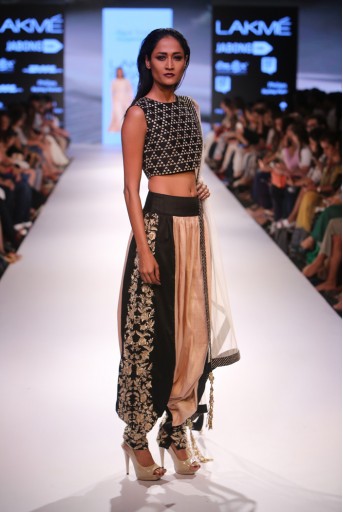 PS-FW355 Persis Black Dupion silk Crop Top with Blush and Black Low Crotch pant and tulle Dupatta