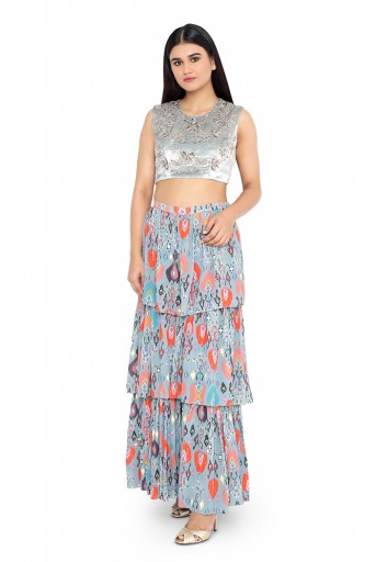PS-FW613-N  Perwinkle Blue Colour Velvet Choli with Blue Printed Layered Sharara Pants