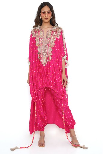 PS-KP0131-J  Pink Bandhani Silk Embroidered Yoke High Low Kurta And Jogger Pants