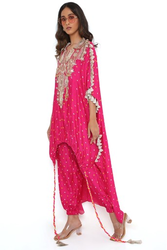 PS-KP0131-J  Pink Bandhani Silk Embroidered Yoke High Low Kurta And Jogger Pants