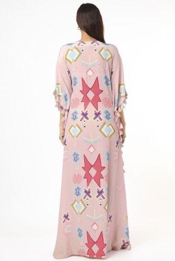 PS-FW738-A  Pink Big Ikat Star Print Crepe Front Embroidered Kaftan With Tassels