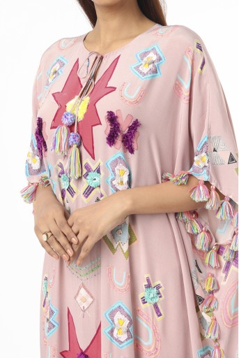 PS-FW738-A  Pink Big Ikat Star Print Crepe Front Embroidered Kaftan With Tassels