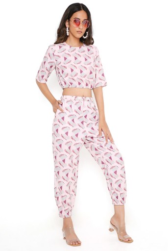 PS-PT0025-U  Pink Butterfly Print Art Crepe Top With Jogger Pant