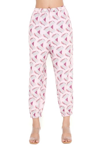 PS-PT0025-U  Pink Butterfly Print Art Crepe Top With Jogger Pant