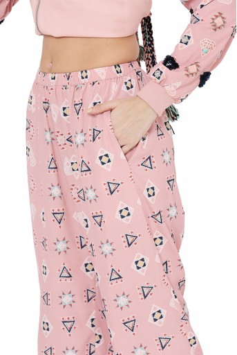 PS-FW796  Pink Colour Printed Art Crepe Back Tie-Up Bomber Jacket with Jogger pant