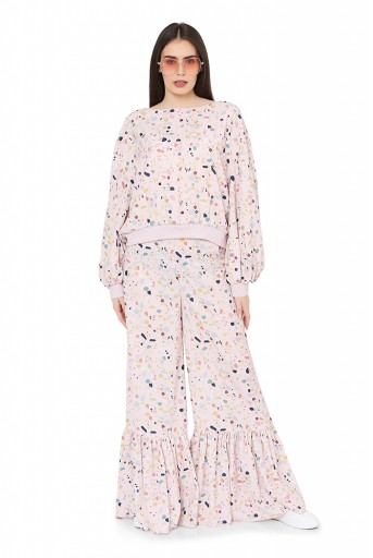 PS-FW791  Pink Colour Printed Art Crepe Oversized Top with Frill Palazzo