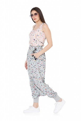 PS-FW790  Pink Colour Printed Art Crepe Racer Back Top with Green Colour Printed Art Crepe Low Crotch Pant