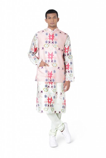 PS-FW740  Pink Colour Printed Dupion Silk Bandi with White Colour Printed Silkmul Kurta and Off White Colour Cotton Silk Churidar