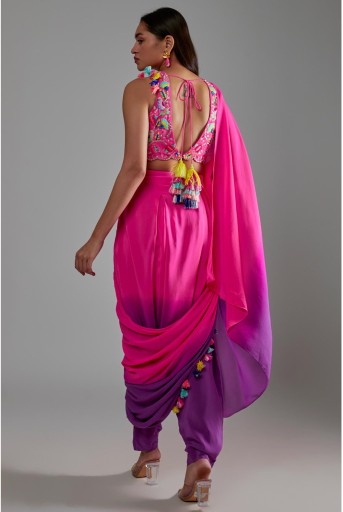 PS-TL0017-B  Pink Embroidered Choli & Pink & Purple Shaded Low-Crotch Pant With Attached Drape