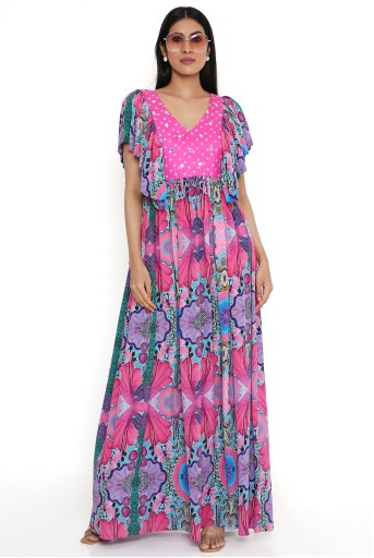 Pink Chinon Silk Bandhani Printed & Zari Embellished Pleated Gown Design by  Scakhi at Pernia's Pop Up Shop 2024