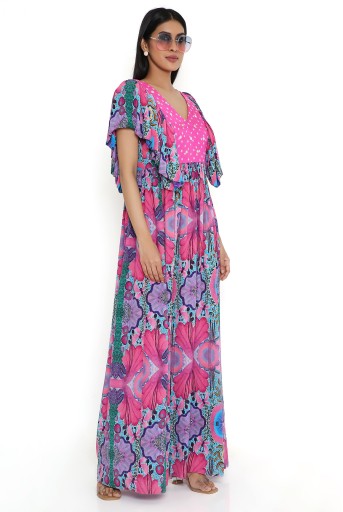 PS-DR0034-B  Pink Enchanted Crepe Print Dress With A Bandhani Silk Embroidered Yoke