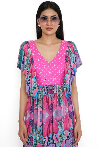 PS-DR0034-B  Pink Enchanted Crepe Print Dress With A Bandhani Silk Embroidered Yoke