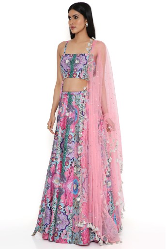 PS-LH0118-B  Pink Enchanted Georgette Embroidered Bustier With Dupion Silk Embroidered Lehenga With Mukaish Net Dupatta