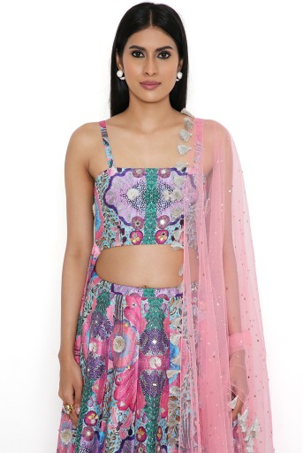 PS-LH0118-B  Pink Enchanted Georgette Embroidered Bustier With Dupion Silk Embroidered Lehenga With Mukaish Net Dupatta