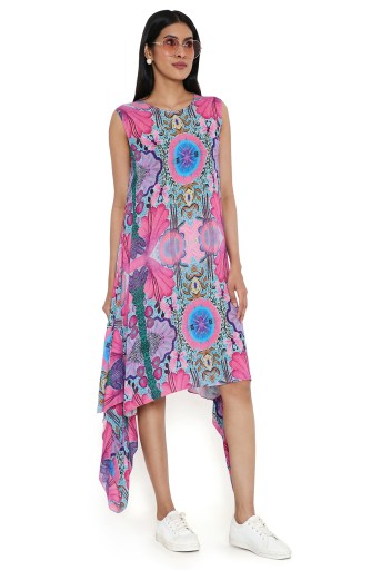PS-TU1561-H  Pink Enchanted Print Cotton Wrinkle Side Tale Tunic