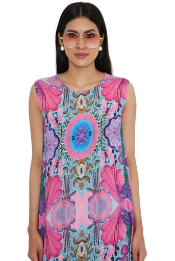 PS-TU1561-H  Pink Enchanted Print Cotton Wrinkle Side Tale Tunic