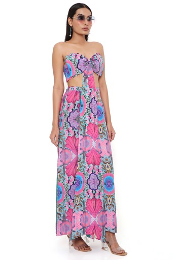 PS-PT0087  Pink Enchanted Print Crepe Front Bow Tube Top With Palazzo