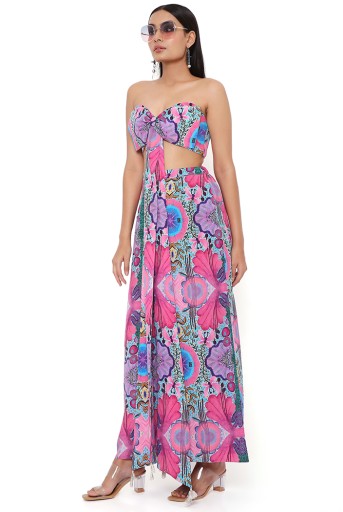 PS-PT0087  Pink Enchanted Print Crepe Front Bow Tube Top With Palazzo