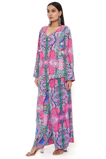 PS-KP0215-A  Pink Enchanted Print Crepe Embroidered One Side Trail Kurta With Cropped Palazzo