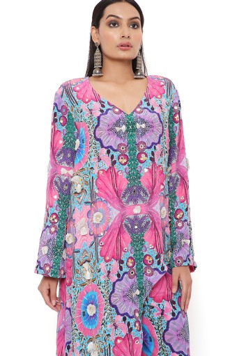 PS-KP0215-A  Pink Enchanted Print Crepe Embroidered One Side Trail Kurta With Cropped Palazzo