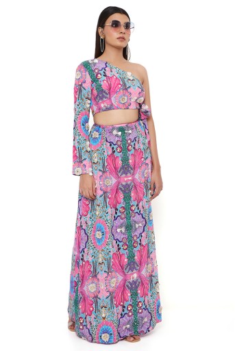 PS-CS0036-B  Pink Enchanted Print Crepe Front Embroidered One Shoulder Side Tie-Up Choli And Skirt
