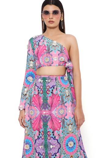 PS-CS0036-B  Pink Enchanted Print Crepe Front Embroidered One Shoulder Side Tie-Up Choli And Skirt