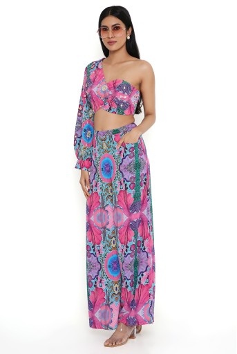 PS-PT0036-L  Pink Enchanted Print Crepe Embroidered Top And Pant