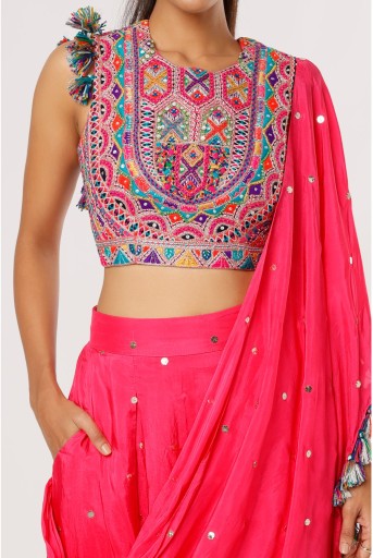 PS-TL0014-F  Pink Georgette Embroidered Choli And Mukaish Silk Low Crotch Pant With Attached Drape