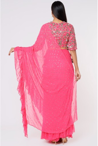 PS-SR0011-F  Pink Georgette Embroidered Choli With Mukaish Georgette Pre Stitched Frill Saree