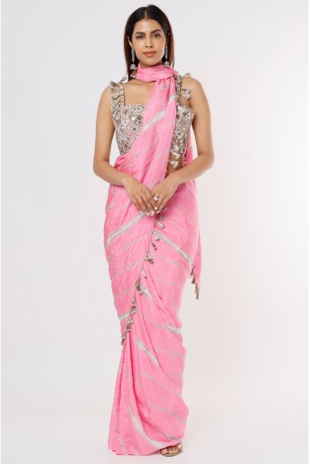 PS-SR0014-D  Pink Georgette Embroidered Choli With Pink Leheriya Bandhani Silk Pre-stiched Saree