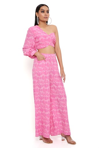 PS-PT0036-F  Pink Kite Print Crepe One Shoulder Top With Palazzo