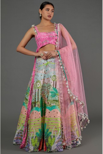 PS-LH0118-D   Pink Kite Print Georgette Embroidered Bustier And Tropical Print Dupion Silk Embroidered Lehenga With Pink Mukaish Net Dupatta