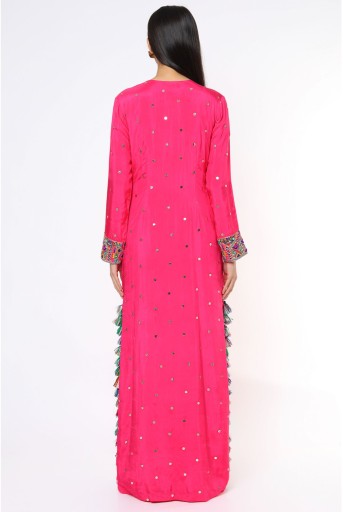 PS-KF0087-C  Pink Mukaish Silk Embroidered Yoke Beyza Kaftan