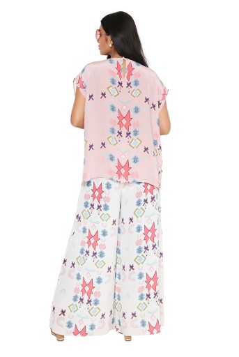 PS-PT0032  Pink Colour Printed Crepe Embroidered Top With White Printed Crepe Palazzo