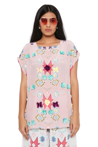 PS-PT0032  Pink Colour Printed Crepe Embroidered Top With White Printed Crepe Palazzo