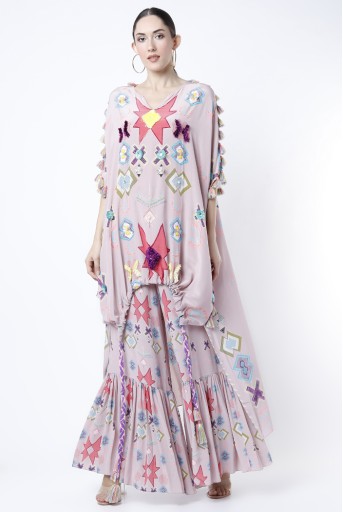 PS-FW784-A  Pink Printed Crepe Embroidered High Low Kaftan With Pink Printed Frill Palazzo