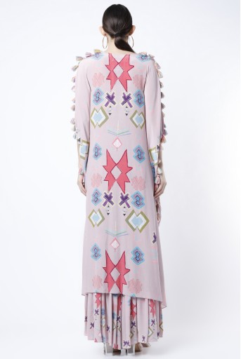 PS-FW784-A  Pink Printed Crepe Embroidered High Low Kaftan With Pink Printed Frill Palazzo