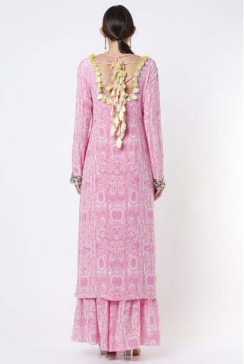 PS-KP0090-D  Pink PS Print Crepe Embroidered Backless Kurta With One Frill Sharara