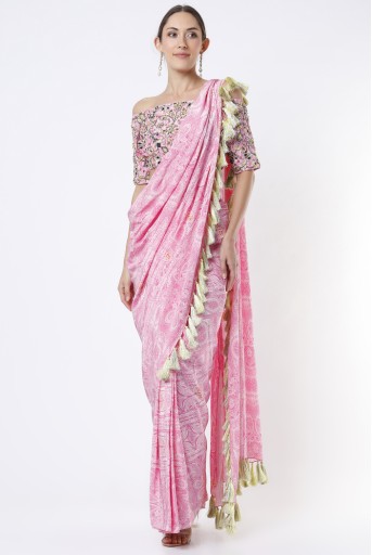 PS-SR0012-A  Pink PS Print Crepe Embroidered Choli And Pre Stitched Saree With Tassels